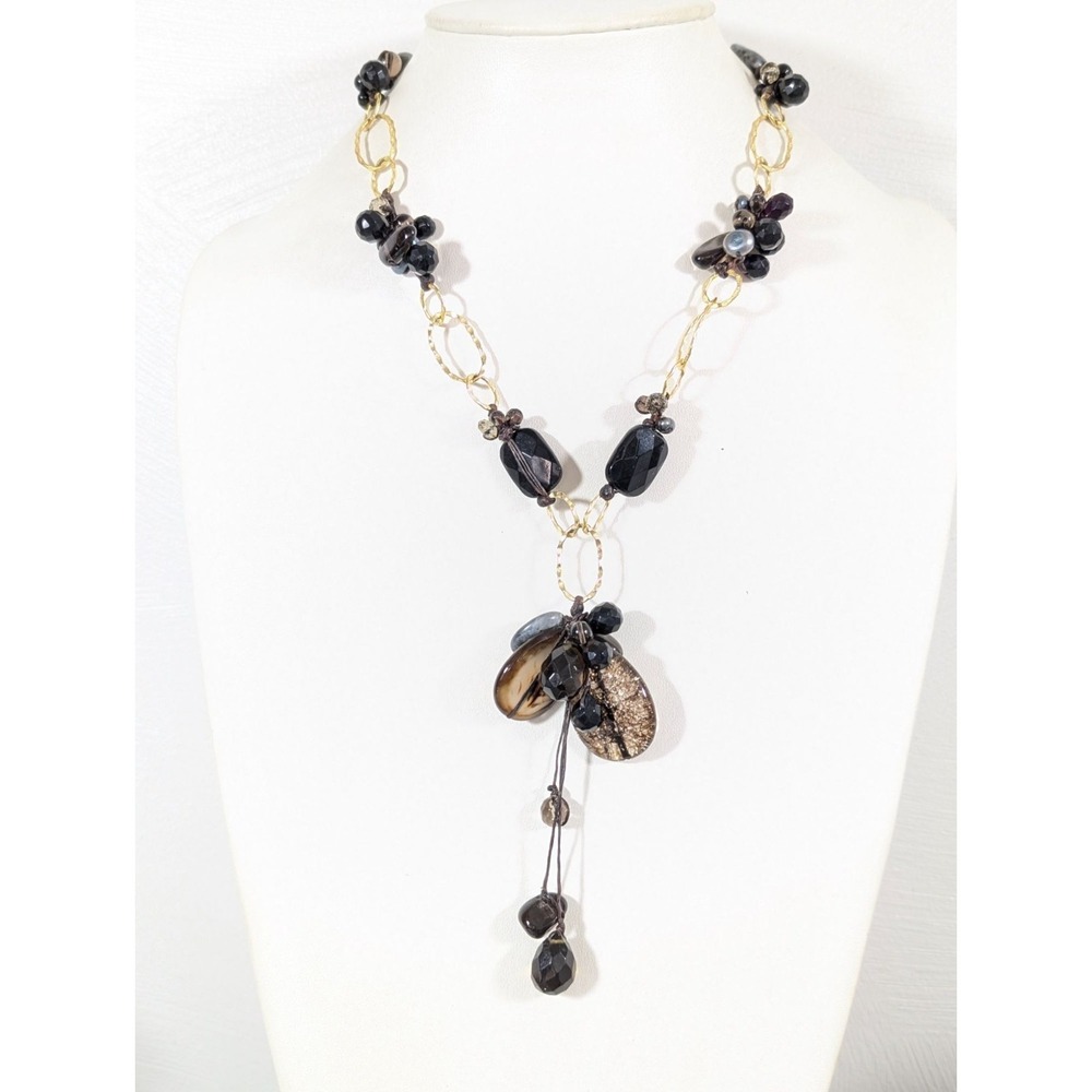 Boho Black Brown Glass Bead Cluster Gold Tone Statement Necklace 20"